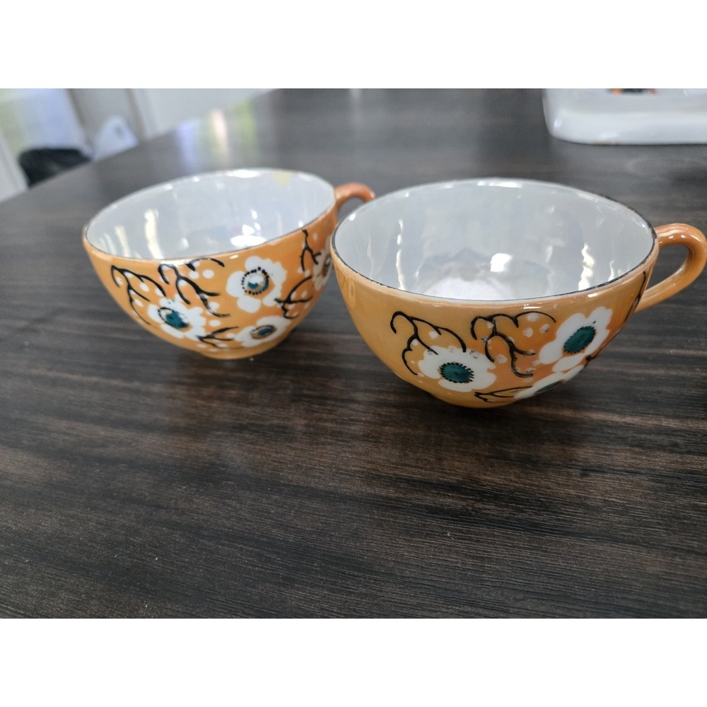 Japanese Tea Set Orange rare cherry blossoms vintage handmade painted